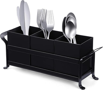 Cutlery Holder, Silverware Caddy Organizer Bin Holder - 3 Compartment Metal Utensil Tray with Drain Holes & Handle for Kitchen Countertop, Dining Table, Parties - Black