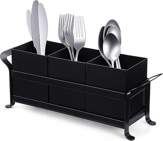 Cutlery Holder, Silverware Caddy Organizer Bin Holder - 3 Compartment Metal Utensil Tray with Drain Holes & Handle for Kitchen Countertop, Dining Table, Parties - Black