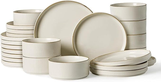 Famiware Star 24-Piece Stoneware Dinnerware Sets with Trim, Service for 8 - Ceramic Plates and Bowls Set, Ribbed Dishes with High Edge, Chip & Scratch Resistant, Microwave & Dishwasher Safe, White