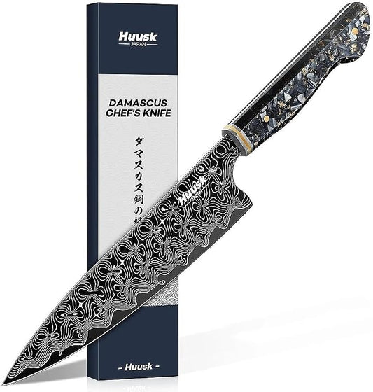Huusk Damascus Chef Knife 8 Inch, Super Sharp Damascus VG-10 Japanese Kitchen Knife, Professional Cooking Knives with Ergonomic Resin Handle, Ideal Gift for Men and Women