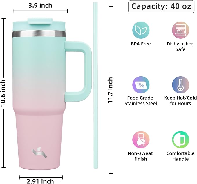 Konokyo 40 oz Tumbler with Handle and 2 Straws,2 in 1 Lid Insulated Water Bottle Stainless Steel Travel Coffee Mug,Gum