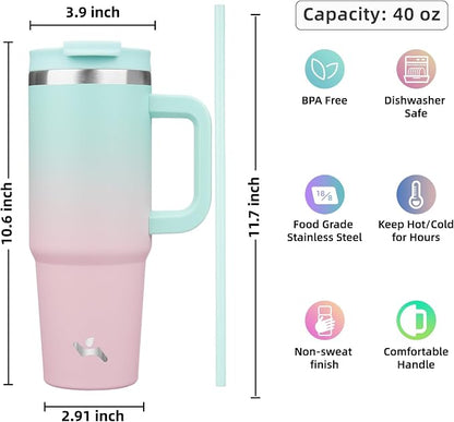 Konokyo 40 oz Tumbler with Handle and 2 Straws,2 in 1 Lid Insulated Water Bottle Stainless Steel Travel Coffee Mug,Gum