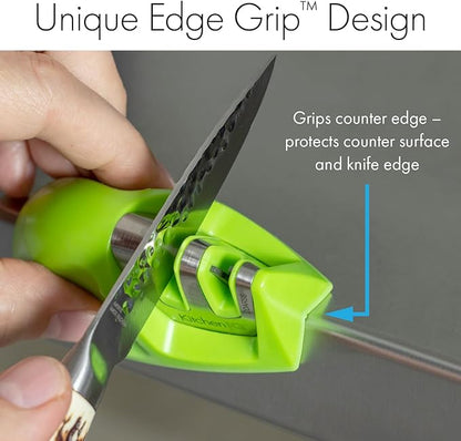 KitchenIQ 50881 - Edge Grip 2-Stage Knife Sharpener - Green - Coarse & Fine Sharpeners -Compact for Easy Storage - Stable Non-Slip Base - Soft Grip Rubber Handle - Straight & Serrated Knives
