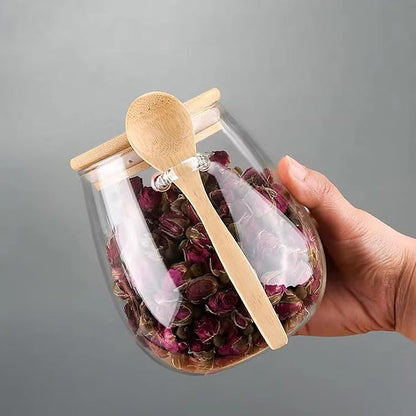 Airtight glass jar storage container with bamboo lid Set of 2, wide mouth, leak-proof, With a spoon, can be used for coffee beans, tea leaves, grains, dried fruits, etc (Large*2PCS)