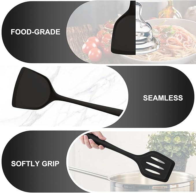 TeamFar Silicone Cooking Utensils, 4pcs Kitchen Utensils Set with Silicone Spatulas & Spoons, Heat-Resistant Solid & Slotted Cooking Spoons Turners for Non-stick Cookware, Dishwasher Safe, Black