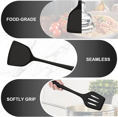 TeamFar Silicone Cooking Utensils, 4pcs Kitchen Utensils Set with Silicone Spatulas & Spoons, Heat-Resistant Solid & Slotted Cooking Spoons Turners for Non-stick Cookware, Dishwasher Safe, Black