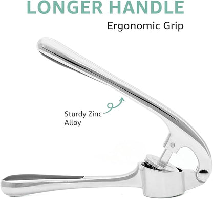 Garlic Press Crusher & Mincer – Easy Squeeze Ergonomic Handle, Heavy Duty Zinc Alloy, Dishwasher Safe, Includes Peeler & Cleaning Brush – Garlic Ginger Crusher Tool (Imperial Silver)