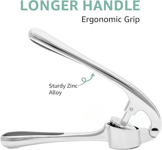 Garlic Press Crusher & Mincer – Easy Squeeze Ergonomic Handle, Heavy Duty Zinc Alloy, Dishwasher Safe, Includes Peeler & Cleaning Brush – Garlic Ginger Crusher Tool (Imperial Silver)