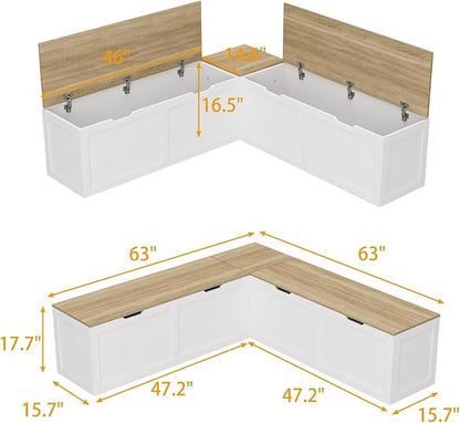 L Shaped Breakfast Nook Bench with Hidden Storage, 63 Inch Corner Dining Bench for Small Kitchen, Breakfast Nook Set for Dining Room, Entryway, Oak 63”L x 63”W x 17.7”H