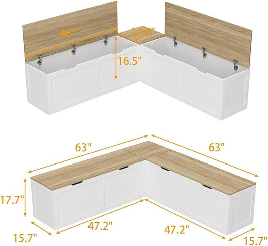 L Shaped Breakfast Nook Bench with Hidden Storage, 63 Inch Corner Dining Bench for Small Kitchen, Breakfast Nook Set for Dining Room, Entryway, Oak 63”L x 63”W x 17.7”H