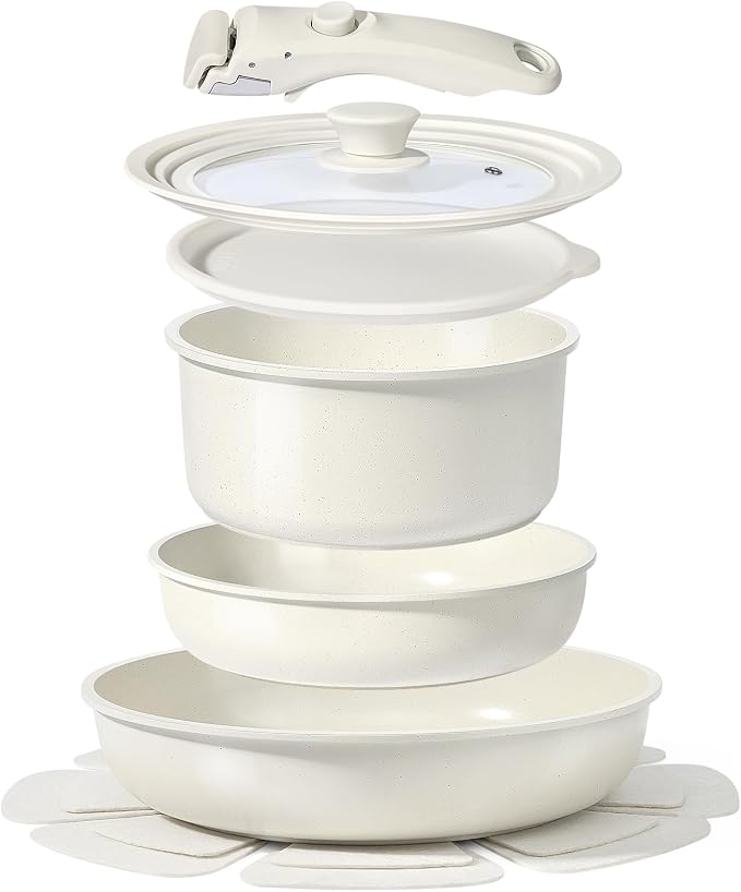 GiPP Ceramic Pots and Pans Set Non Stick, Nonstick Detachable Handle Cookware Sets, Healthy Non Toxic PFAS PFOA & PTFE Free, Dishwasher ＆Oven Safe, Induction Kitchen Pot and Pan, 8 Piece Cream