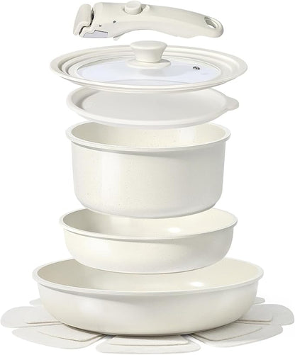 GiPP Ceramic Pots and Pans Set Non Stick, Nonstick Detachable Handle Cookware Sets, Healthy Non Toxic PFAS PFOA & PTFE Free, Dishwasher ＆Oven Safe, Induction Kitchen Pot and Pan, 8 Piece Cream