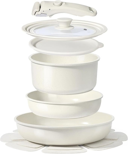 GiPP Ceramic Pots and Pans Set Non Stick, Nonstick Detachable Handle Cookware Sets, Healthy Non Toxic PFAS PFOA & PTFE Free, Dishwasher ＆Oven Safe, Induction Kitchen Pot and Pan, 8 Piece Cream