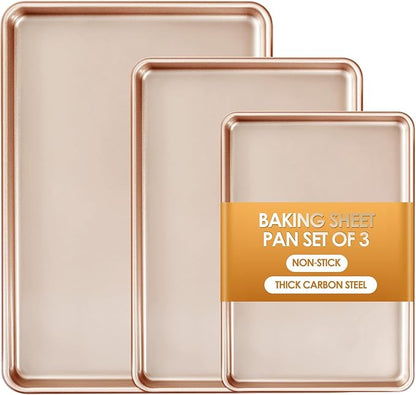 Baking Sheet Pan Set of 3, Commercial Cookie Sheets for Baking, Nonstick Half/Quarter/Jelly Roll Pans Replacement Toaster Oven Tray, Heavy Duty & Easy Clean, Rose Gold