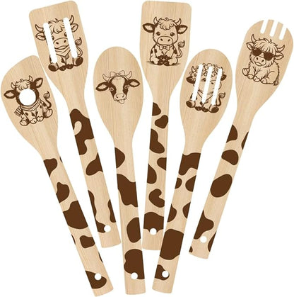 6Pcs 6 Styles Cow Cooking Utensils Set for Kitchen 2.4 x 11.8 Inch Bamboo Durable Utensils, Cute Kitchen Wooden Spoons for Housewarming Wedding Anniversary Thanksgiving Birthday Gift Use