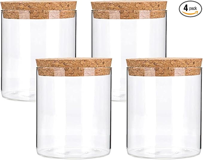 Airtight Glass Storage Containers with cork Lid, for Kitchen Pantry Organization and Storage jar，Ideal for Coffee Beans Snacks Flour Cereal Sugar Tea 16oz. (Circular 3.9 * 3.3in*4pcs)