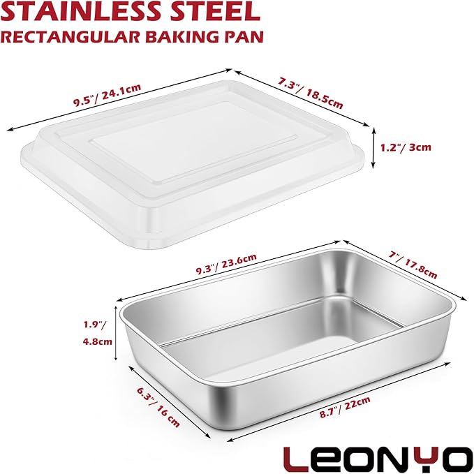 Leonyo 2 Pack Lasagna Pan with Lid, 9.3 x 7 Inch Rectangle Bakeware Cake Pan with Lid, 2 Inch Deep Stainless Steel Baking Tray Sheets for Baking Commercial Kitchen, Focaccia Bread, Casserole Dish