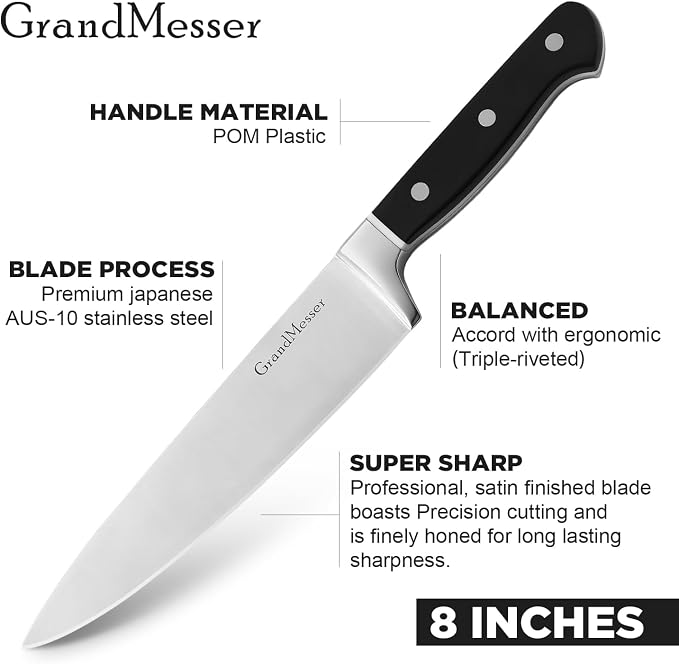 Chef Knife in Japanese Steel AUS-8, 8 Inch Professional Kitchen Knife, Ultra Sharp Cooking Knife with Color Block Ergonomic Handle.