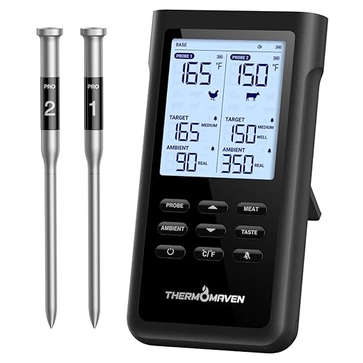 ThermoMaven 3000FT Smart Wireless Meat Thermometer – Sub-1G Long Range, 6 Sensors NIST Certified Accuracy, 2 Thin Probes, Standalone Base with Large LCD for Grill, Smoker, Oven, BBQ