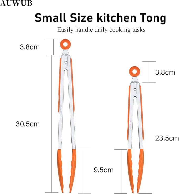 9+12 Inch Orange Salad Tongs 2-Piece Set, Silicone with 304 Stainless Steel Core & Non-Slip Grip, Kitchen Utensils for Grilling Salad