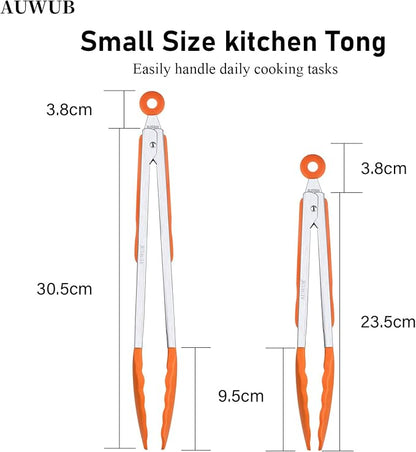 9+12 Inch Orange Salad Tongs 2-Piece Set, Silicone with 304 Stainless Steel Core & Non-Slip Grip, Kitchen Utensils for Grilling Salad