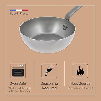 de Buyer MINERAL B Carbon Steel Country Fry Pan - 9.5” Diameter, 6.5” Cooking Surface - Ideal for Sauteing, Simmering, Deep Frying & Stir Frying - Naturally Non-Stick Finish - Made in France