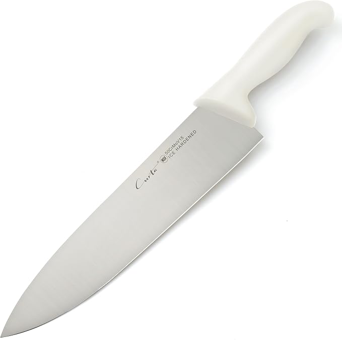 CURTA 10-inch Commercial-Grade Chef's Knife, NSF Listed, Ergonomic, Non-slip White Handle, High Carbon 420 Stainless Steel Forged Blade Straight Edge, Dishwasher Safe, Rust Proof