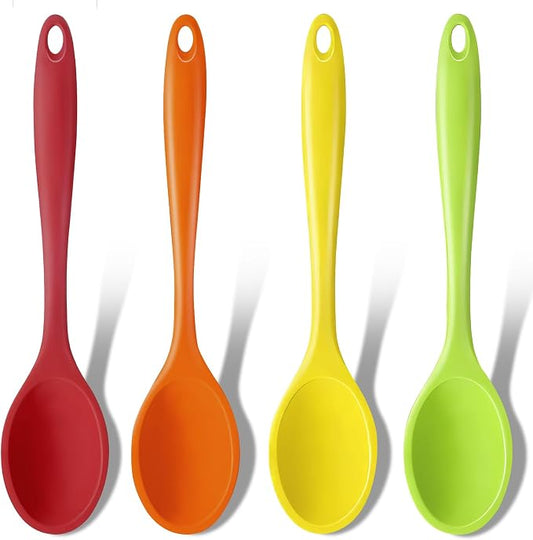 GEEKHOM Silicone Cooking Spoons, 4 Pieces 11" Heat Resistant Silicone Kitchen Utensils Set Large Serving Stirring Spoons for Non Stick Cooking, Mixing, Basting, Baking, Red+Green+Yellow+Orange