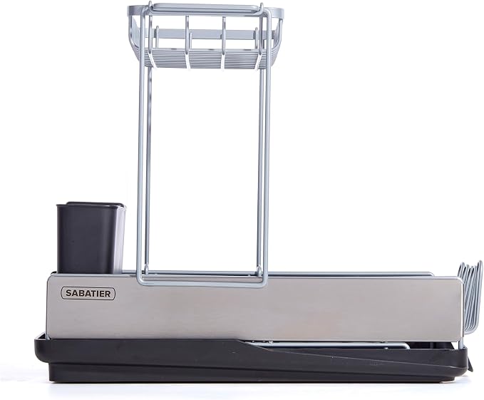 Sabatier Dish Drying Rack with Second Tier, Rust Resistant Wires and Angled Drain Board, Utensil Caddy Compact Dish Drying Rack