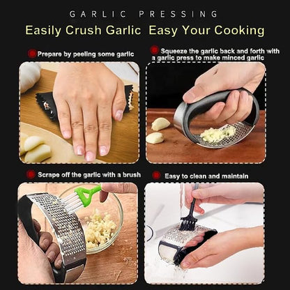Garlic Press Rocker,New Stainless Steel Garlic Mincer Garlic Crusher Set,3-in-1 Garlic Crusher,Peeler with Cleaning Brush,Easy Squeeze Rocker Design for Smashing Garlic Kitchen Gadget
