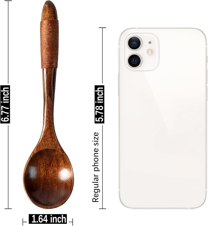 6 PCS Wooden Spoons for Honey, 6.7 inch Small Wooden Spoons - Terrific for Tea, Coffee & Soup, Little Wood Serving Table Spoon Set, Bulk Bamboo Teaspoon for Eating with Wrapped Handles