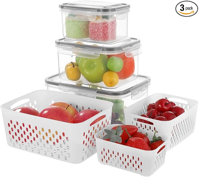 3 Pcs Fruit Storage Containers, Produce Savers with Lids for Fridge, Refrigerator Vegetable Containers with Draining Baskets, Airtight Food Keepers for Kitchen, Microwave Safe