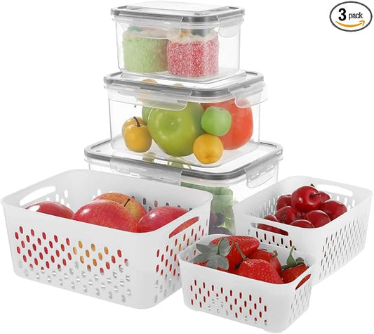 3 Pcs Fruit Storage Containers, Produce Savers with Lids for Fridge, Refrigerator Vegetable Containers with Draining Baskets, Airtight Food Keepers for Kitchen, Microwave Safe