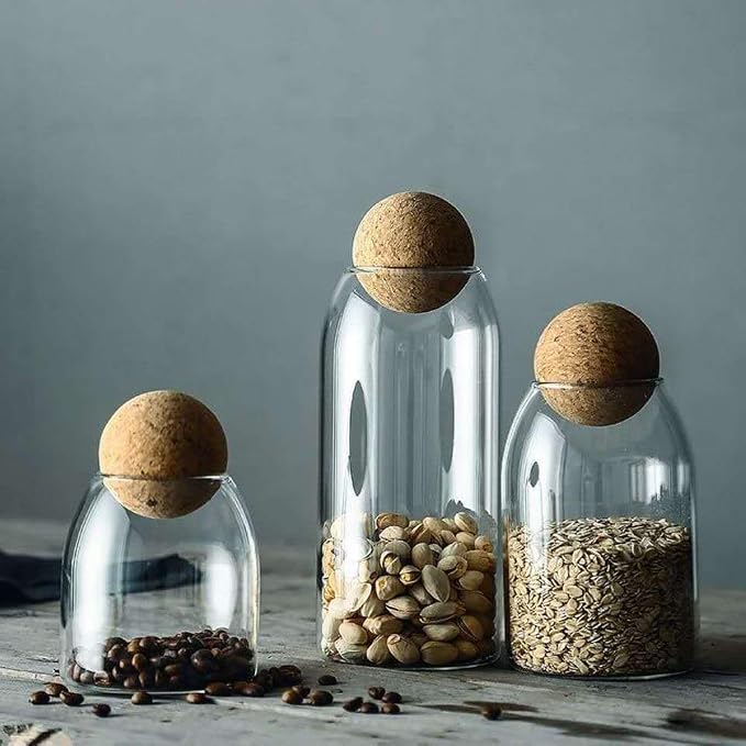 1200ML/40Oz Clear Glass Storage Cute Canister Holder Ball Wood Cork Top, Modern Decorative Cylinder Container Jar with Round Lid for Coffee, Spice, Candy, Salt, Cookie Cool Terrarium Bottle
