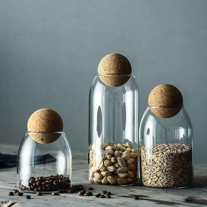 1200ML/40Oz Clear Glass Storage Cute Canister Holder Ball Wood Cork Top, Modern Decorative Cylinder Container Jar with Round Lid for Coffee, Spice, Candy, Salt, Cookie Cool Terrarium Bottle