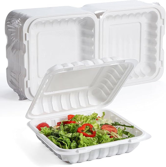 YANGRUI 55-Pack 34oz 8" White Takeout Boxes with Shrink Wrapped No Pre-Wash | Heavy Duty Mineral PP Microwave & Freezer Safe BPA Free Hinged Lunch Containers for Sandwiches, Pizza & Meal Prep