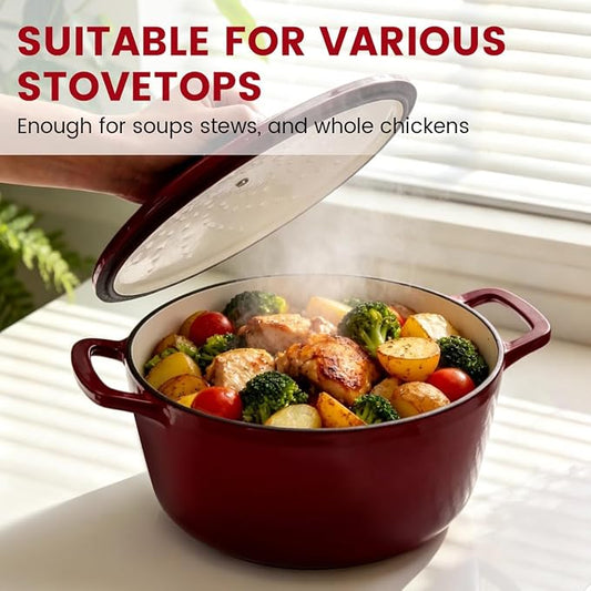 Cast Iron Dutch Oven - JINCHUFURI Enameled Cast Iron Dutchs Oven with Lid 5 Quart enamel dutch ovens Pot Heavy-Duty Cookware for Sourdough Bread Baking,Stews, Roasting,Braising(Rose Red)
