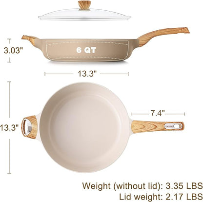 SENSARTE Ceramic Nonstick Frying Pan Skillet with Lid, 13.3 Inch Large Deep Frying Pan, 6 QT Saute Pan, Induction Pan, Healthy Non Toxic Cooking Pan with Helper Handle, PFOA PFAS PTFE Free