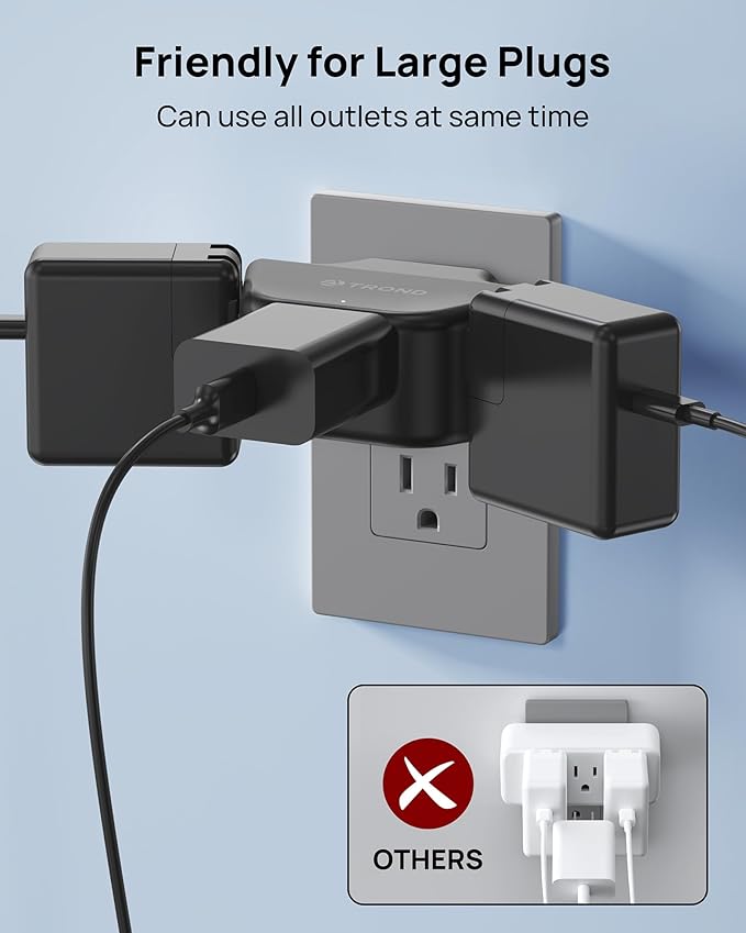 TROND 2 Pack Outlet Extender with 360 Rotating Plug, 3 Way Angled Wall Plug Adapter, Small Multiple Outlet Splitter for Bathroom Kitchen Cruise Ship Travel Essentials, Black