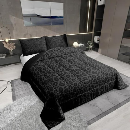 Manfei Black Wild Animal Skin Boys Girls Comforter Set Full Size Leopard Print Duvet Set Teens Bedroom Decor African Cheetah Wildlife Microfiber Soft Bedding