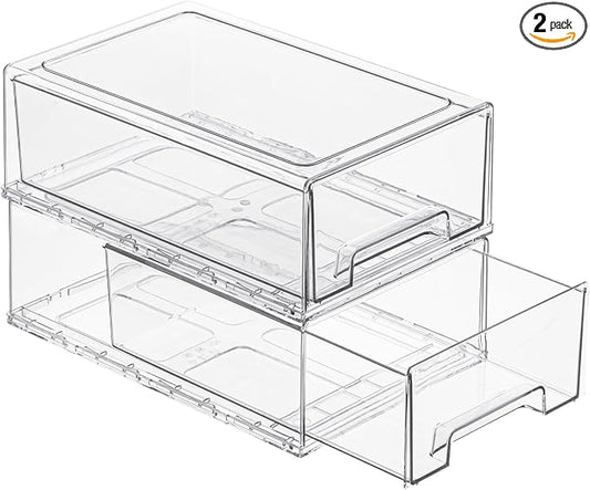 Clear Acrylic Stackable Storage Drawers, Plastic Refrigerator Organizer Bins with Handles for Undersink, Cabinet, Fridge, Closet, Pantry, Office, Bathroom, Kitchen(2 Pack)