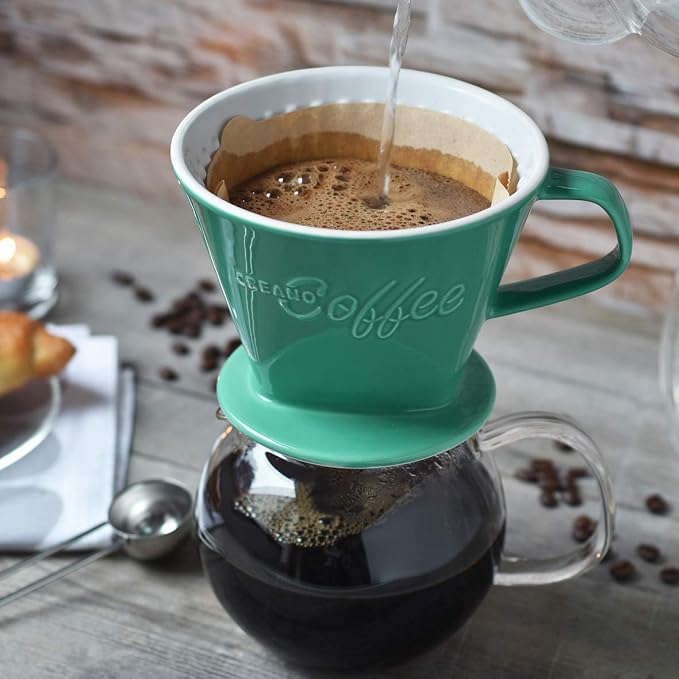 Creano XXL Porcelain Coffee Dripper Green - Ceramic Cone Brewer - Pour Over Coffee Maker - Filter Size 4 - huge and heavy quality 800gr/28oz - 6 Colours availeble