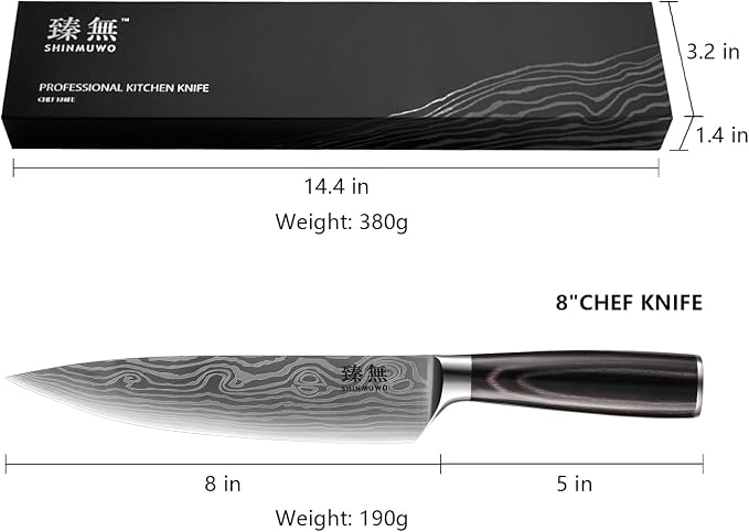 8 Inch Chef Knife, High Carbon Stainless Steel Japanese Gyuto Style Cooking Knife with Wave Pattern, Ergonomic Pakkawood Handle - Professional Kitchen Knife with Gift Box