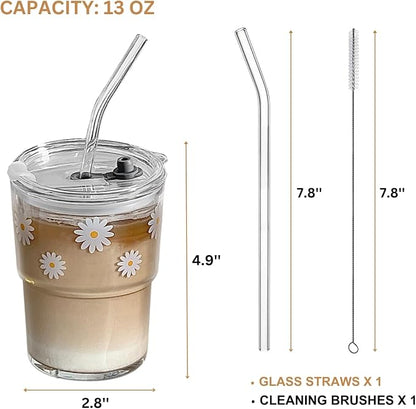 Olvini 13oz Glass Tumbler with Straw and Lid, Reusable Iced Coffee Cup Tumbler, Cute Glass Cups for Water, Matcha, Travel Coffee Mugs (Daisy)