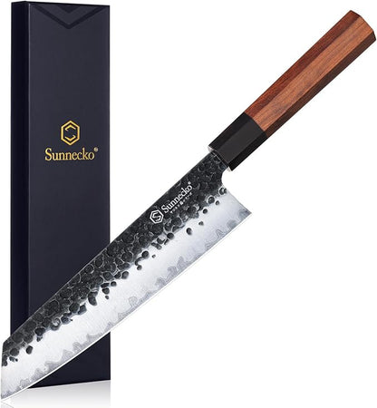 Sunnecko 8 Inch Chef Knife Japanese Kitchen Knife Sharp, Gyuto Chefs Knife Carbon Steel 3-Layered 9CR18MOV, Rosewood Handle Gift Box