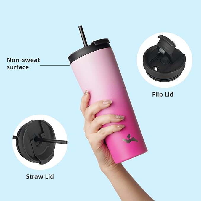 Konokyo 18 OZ Insulated Tumbler with Lid and 2 Straws Stainless Steel Water Bottle Vacuum Travel Mug Coffee Cup,Cherry