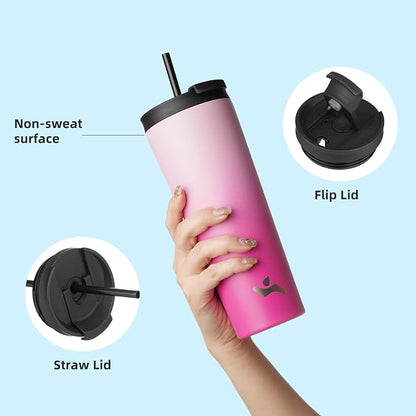 Konokyo 26 OZ Insulated Tumbler with Lid and 2 Straws Stainless Steel Water Bottle Vacuum Travel Mug Coffee Cup,Cherry