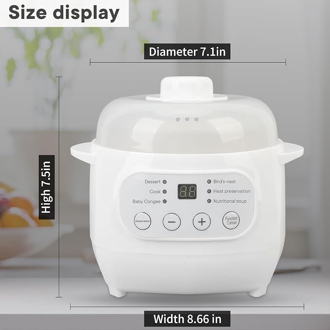 White 1L Mini Slow Cooker with Steamer Basket, 24-Hour Timer and Automatic Keep-Warm Function, 200W Smart Ceramic Electric Slow Cooker, Kitchen Cooking Appliance