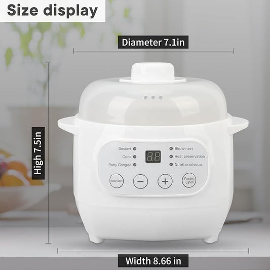 White 1L Mini Slow Cooker with Steamer Basket, 24-Hour Timer and Automatic Keep-Warm Function, 200W Smart Ceramic Electric Slow Cooker, Kitchen Cooking Appliance