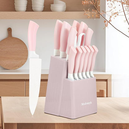 Knife Set, 15 Pcs Pink Kitchen Knife Set, Anti-Rust Non Stick Stainless Steel Sharp Pink Chef Knife Sets with Block, Ergonomic Non-slip Handle Knife Block Set with Steak Knife, Bread Knife, Scissors